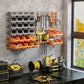 Wall pegboard organizer kit with gray storage bins and orange accessory holders