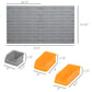 Pegboard and storage bins size diagram with gray and orange bin dimensions