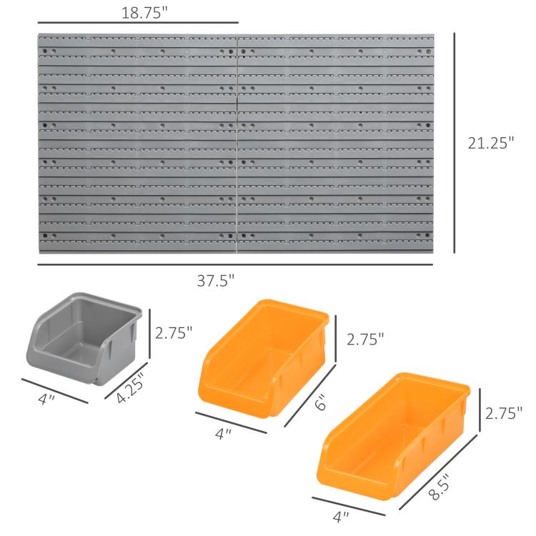 Pegboard and storage bins size diagram with gray and orange bin dimensions