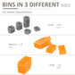 Storage bins in three sizes shown in gray for small, medium, and large