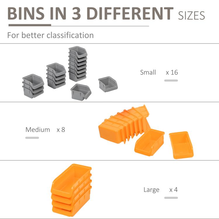 Storage bins in three sizes shown in gray for small, medium, and large