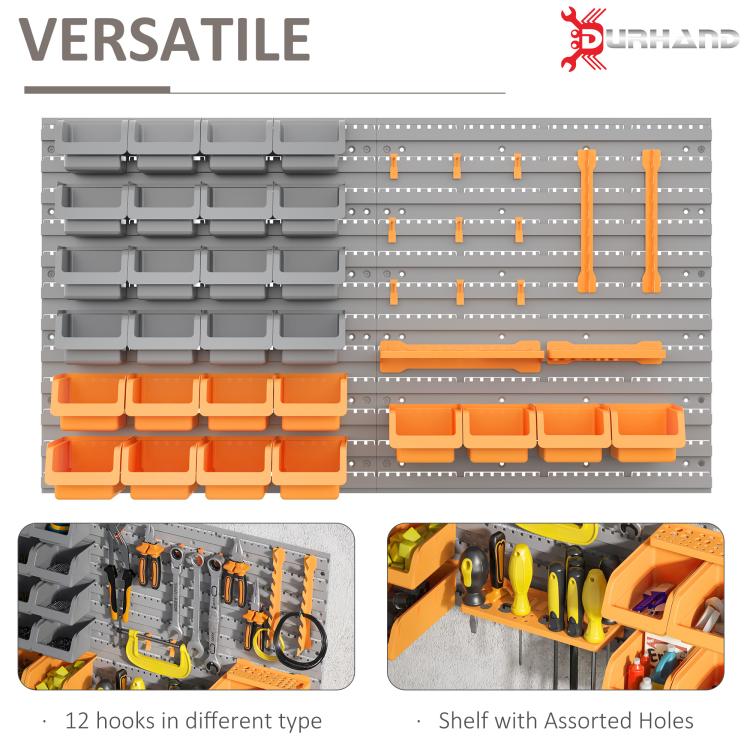 Wall pegboard organizer with gray bins, orange trays, and hooks on perforated rails