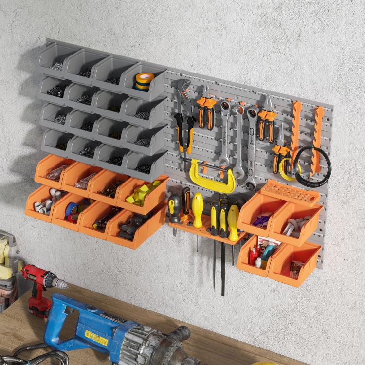 Wall pegboard organizer rack with gray bins, orange compartments, and hanging tools