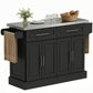 Black kitchen island cart with stainless steel top, drawers, and double cabinet doors