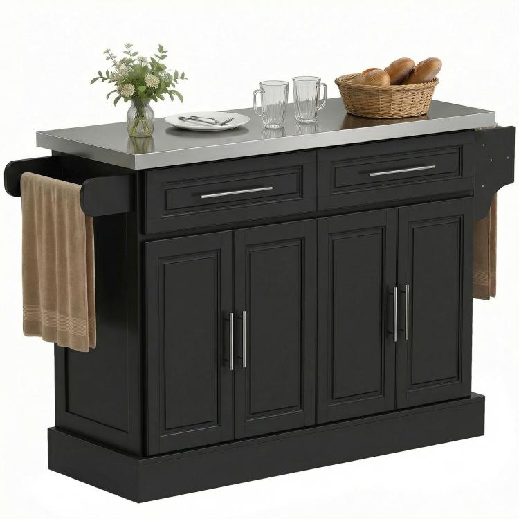 Black kitchen island cart with stainless steel top, drawers, and double cabinet doors