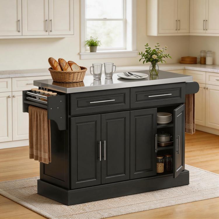 Black portable kitchen island cart with stainless steel countertop and open storage cabinet