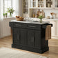 Black kitchen island cart with stainless steel top, cabinet doors, and towel holders