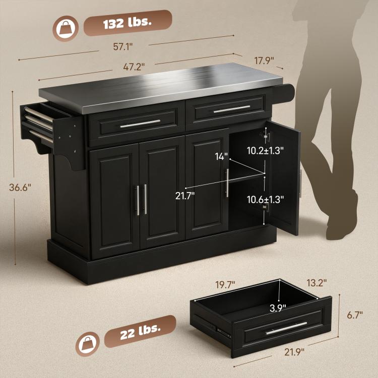 Black kitchen island cart with stainless steel top and dimensions diagram view