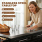 Stainless steel tabletop on black kitchen island cart with drawer and cabinet front