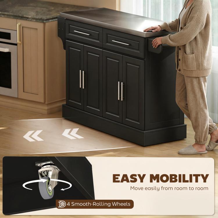 Black rolling kitchen island cart with wheels, stainless steel countertop, and cabinet doors