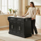 Black kitchen island cart with stainless steel top, towel holder, and cabinet doors