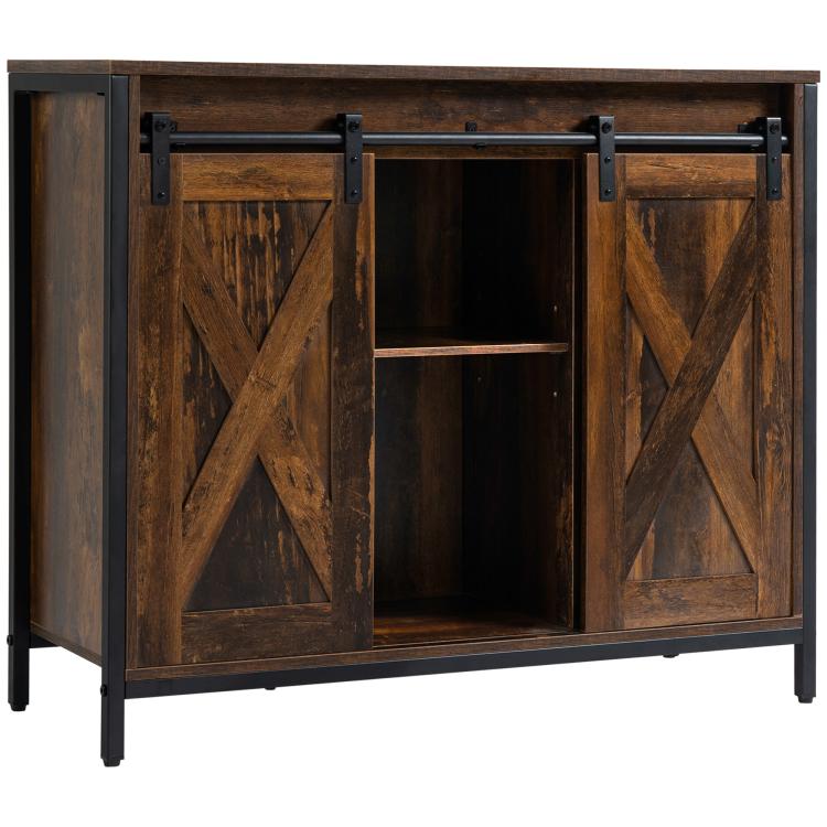 Industrial sideboard cabinet with sliding barn doors, open center shelf, dark metal frame.