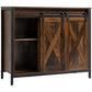 Industrial sideboard cabinet with sliding barn doors and rustic wood panels, open storage shelf.