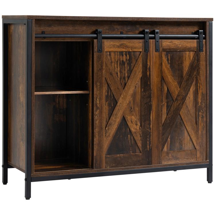 Industrial sideboard cabinet with sliding barn doors and rustic wood panels, open storage shelf.
