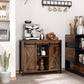 Industrial sideboard cabinet with sliding barn doors open to reveal interior shelves.