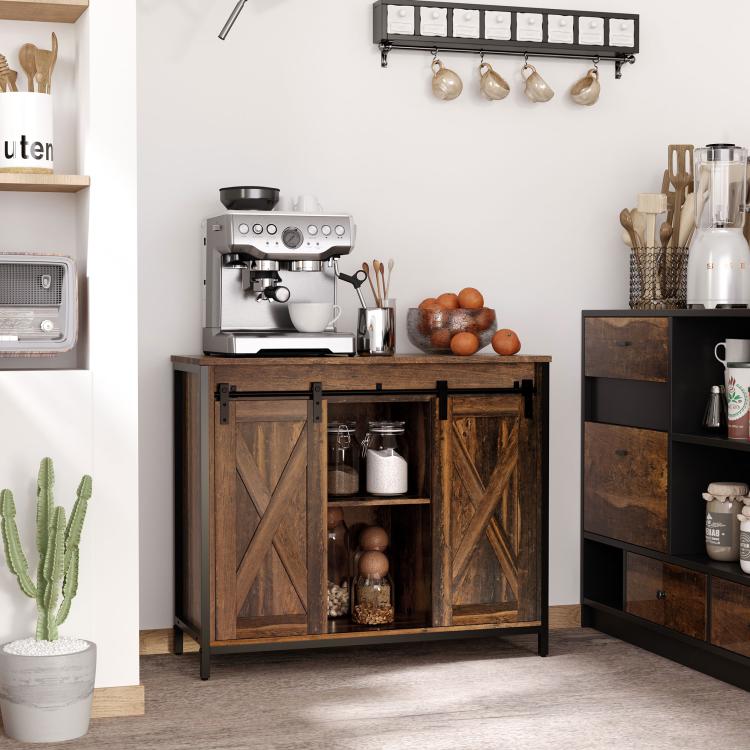 Industrial sideboard cabinet with sliding barn doors open to reveal interior shelves.