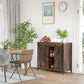 Industrial sideboard cabinet with sliding barn doors, rustic brown wood and black legs.