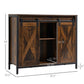 Industrial sideboard buffet cabinet front view with sliding barn doors and dimension labels.