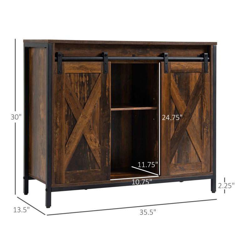 Industrial sideboard buffet cabinet front view with sliding barn doors and dimension labels.