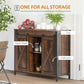 Industrial sideboard cabinet with open shelf and enclosed storage behind sliding barn doors.