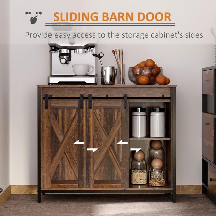 Industrial sideboard buffet cabinet with sliding barn doors and side shelving for jars.
