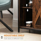 Adjustable interior shelf in rustic wood sideboard cabinet with sliding barn door.