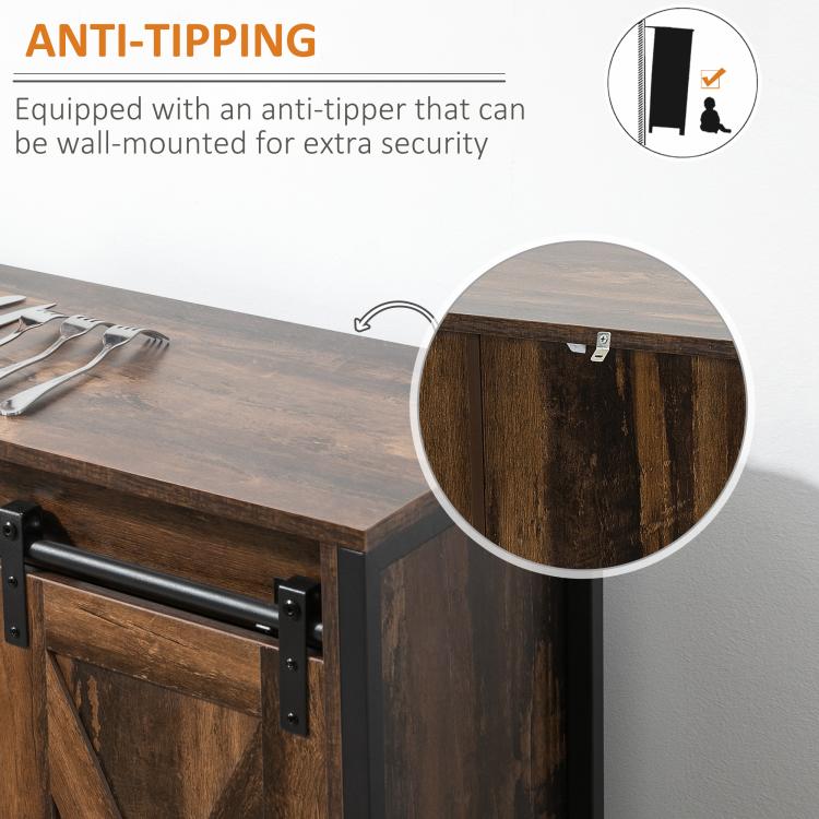 Anti-tip mounting hardware at top of rustic wood sideboard cabinet.