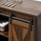 Industrial sideboard cabinet metal bar hardware on rustic wood frame.
