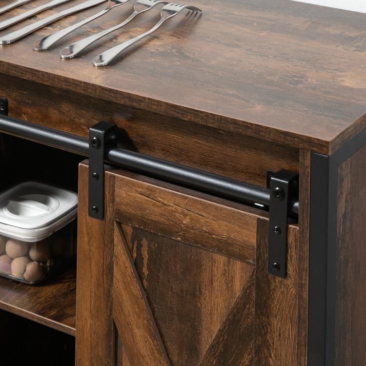 Industrial sideboard cabinet metal bar hardware on rustic wood frame.