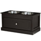 Brown elevated dog bowl stand with two stainless steel bowls and front storage drawer