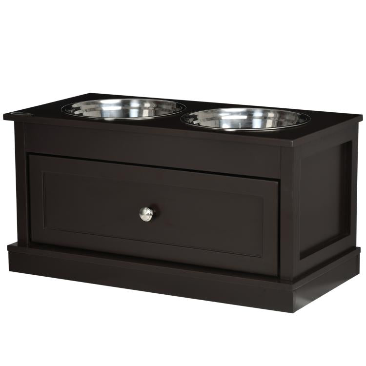 Brown elevated dog bowl stand with two stainless steel bowls and front storage drawer