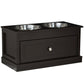 Raised dog feeding station with two stainless bowls and front drawer knob, dark brown