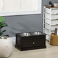 Brown elevated dog bowl stand with two stainless steel bowls and front storage drawer