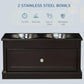 Brown dog bowl stand with two stainless steel bowls and front storage drawer