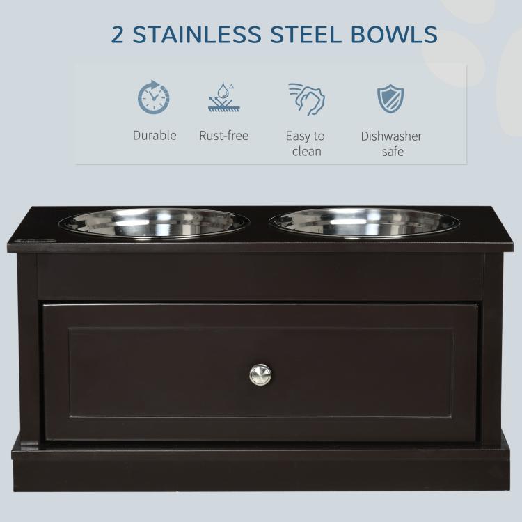 Brown dog bowl stand with two stainless steel bowls and front storage drawer