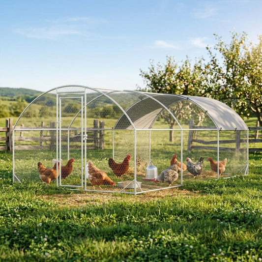 Large metal chicken coop with gray cover and mesh panels in outdoor yard