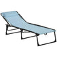 Blue folding chaise lounge recliner with black frame and woven bungee-style seat.