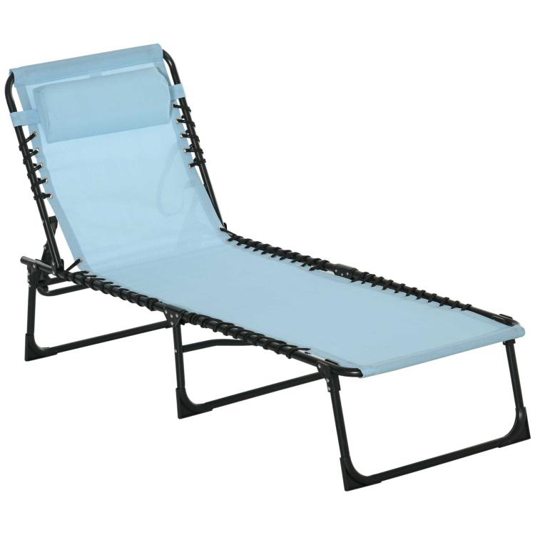 Folding chaise lounge chair with light blue breathable mesh and reclining backrest