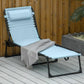 Blue chaise lounge chair with attached head pillow and black steel base on deck.