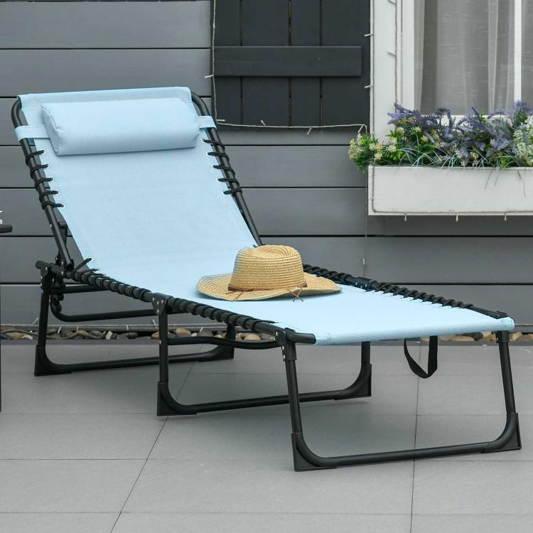 Blue reclining chaise lounge with head pillow on outdoor patio, black frame.