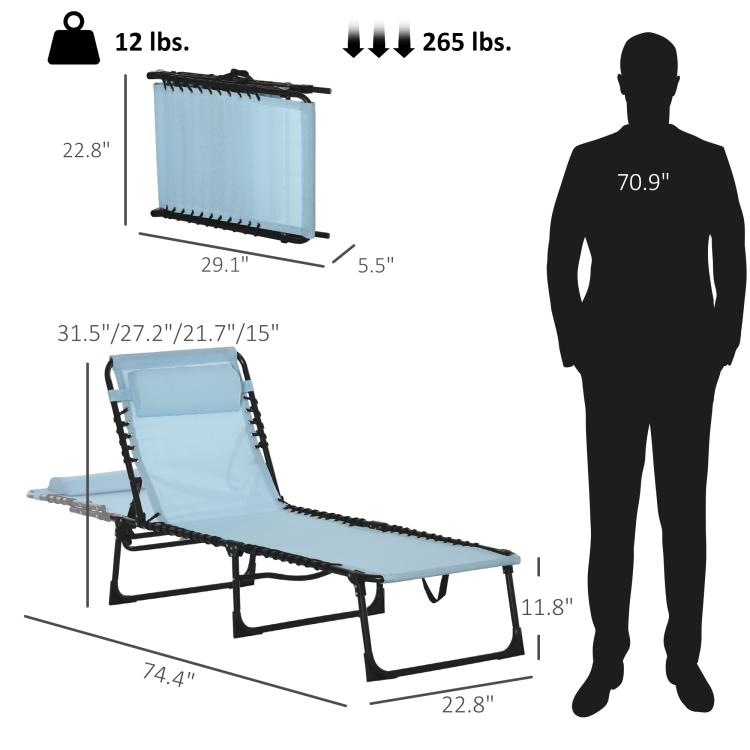 Folding chaise lounge size diagram in light blue fabric with black frame.