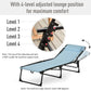 Blue 4-position reclining chaise lounge with adjustable back control and black frame.