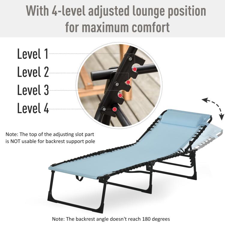 Blue 4-position reclining chaise lounge with adjustable back control and black frame.