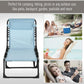 Light blue folding chaise lounge chair with head pillow and black metal base.