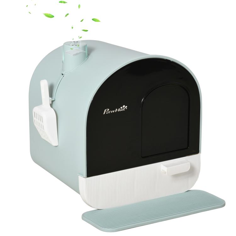 Light blue covered cat litter box with black arched door and front scoop panel