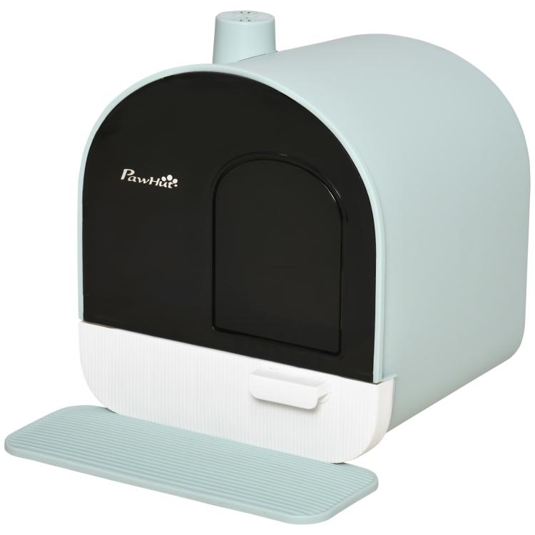Light blue enclosed cat litter box with black door, front drawer handle, and tray mat