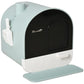Fully enclosed cat litter box with lid and drawer, light mint frame and dark entry panel