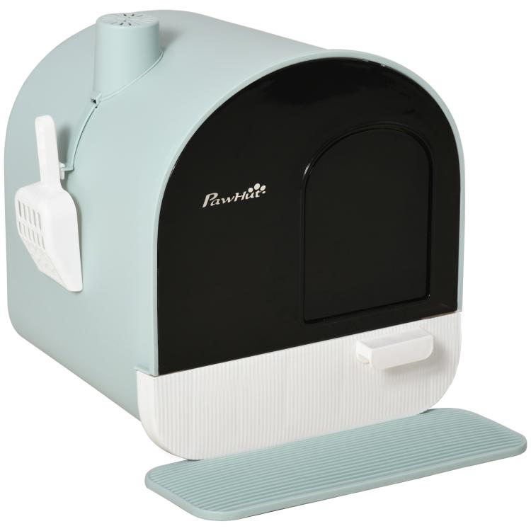 Fully enclosed cat litter box with lid and drawer, light mint frame and dark entry panel