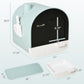 Light blue cat litter box with black door, front drawer, and included tray pieces with measurements