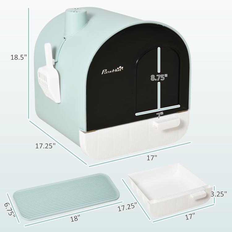 Light blue cat litter box with black door, front drawer, and included tray pieces with measurements